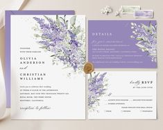 a wedding suite with purple flowers and greenery on the front, in lavender hues