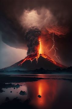 a large volcano spewing lava into the sky next to a body of water