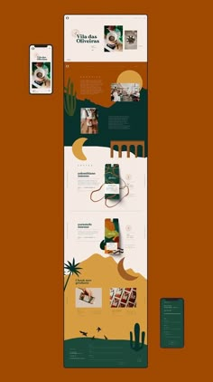 an orange and green brochure with pictures on the front, side by side