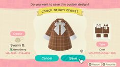 an animal crossing character is wearing a brown and white dress with bows on it's head