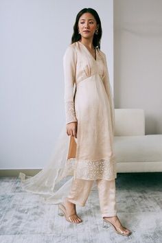 Beige organza and satin linen kurta with beaded embroidered panels. Comes with pant and a dupatta. - Aza Fashions Festive Silk Sets With Lace Work, Fitted Silk Sets With Lace Work, Embroidered Beads, Kurta Pant Set, Personal Shopping Service, Organza Dupatta, Silhouette Free, Kurta With Pants, Silk Organza