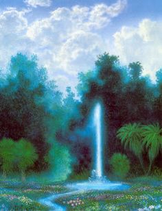 a painting of a fountain surrounded by trees and flowers