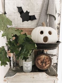 a white pumpkin sitting on top of a shelf next to a potted plant