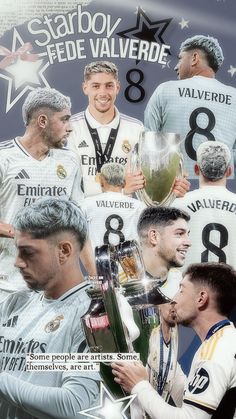 a collage of soccer players holding trophies