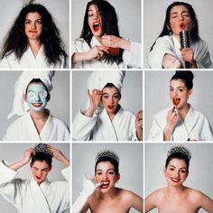 a woman with many different facial expressions and makeup on her face, brushing her teeth