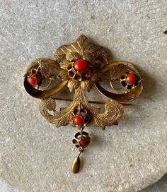 Beautiful Circa 1800s Victorian Gold Gilt Red Coral Antique Brooch Antique Red Brooch Jewelry, Antique Red Brooch, Antique Red Brooch For Formal Occasions, Vintage Red Brooches For Formal Occasions, Ornate Red Jewelry Brooch, Antique Red Brooch As Gift, Antique Red Wedding Brooch, Antique Red Brooches As A Gift, Antique Red Brooches As Gift