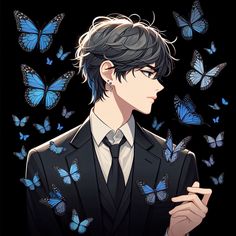 a man in a suit and tie surrounded by butterflies