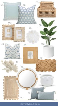 a collage of blue and white decor