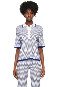 REMAIN Birger Christensen: White 3D Wave Polo | SSENSE Polo Women, Birger Christensen, Polo Shirt Women, Top Collection, Curator Style, White Shop, Online Shopping Clothes, Button Placket, Stripes Pattern