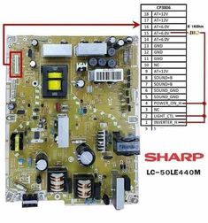 an electronic board with various components labeled in red and white text on the bottom right corner