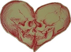 a drawing of two skulls in the shape of a heart with one skull facing each other