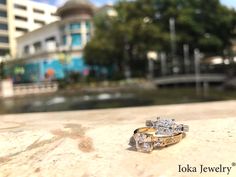 two wedding rings sitting on the ground in front of a river and buildings with trees