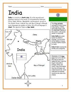 INDIA - Printable handout with map and flag by Interactive Printables | Teachers Pay Teachers Learning Hindi, Basic Geography, Countries Of Asia, India For Kids, Geography Worksheets, Music Camp, Kids Work, Map Activities, Social Studies Worksheets