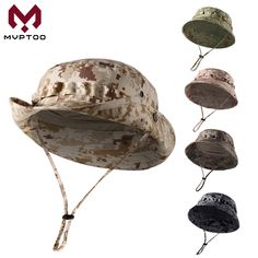 Adjustable Camouflage Bucket Hat, Military Style Khaki Bucket Hat, Military Style Bucket Sun Hat For Summer, Military Style Bucket Hat For Summer Beach, Military Style Bucket Hat For Summer, Military Style Khaki Bucket Sun Hat, Breathable Bucket Hat For Fishing, Durable Bucket Hat For Outdoor Activities, Military Style Wide Brim Bucket Hat For Outdoor Activities