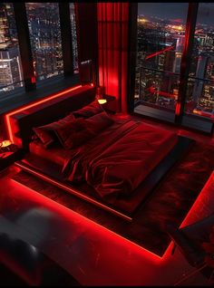 a bed with red lights on it in front of a window overlooking the city at night