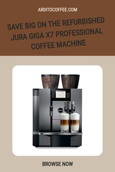 an advertisement for the jura giga x7 professional coffee machine with two cups on it