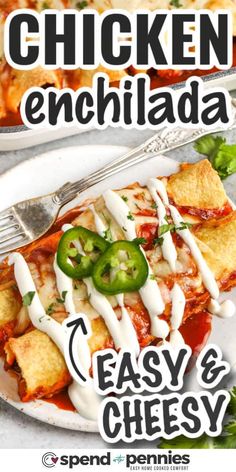 chicken enchilada recipe with easy and cheesy toppings on a white plate