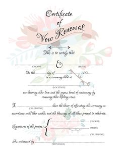 a wedding certificate with flowers on it