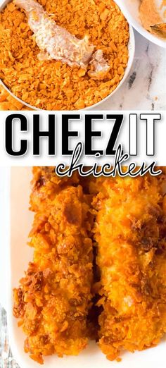 two pictures with different types of food on them and the words cheez it chicken