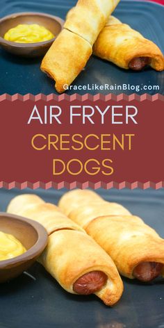 air fryer crescent crescent dogs on a blue plate with dipping sauce in a bowl