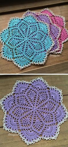 crocheted doily is shown in three different colors