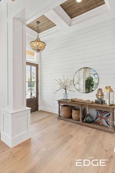 Before and after images of a modern farmhouse entryway foyer with Charred Wood shiplap ceiling inlays and Timeless shiplap walls. Nickel Gap Shiplap, Shiplap Room, Shiplap Living Room, Nickel Gap, Hallmark Floors, Shiplap Ceiling, White Shiplap Wall, White Shiplap, Ship Lap Walls