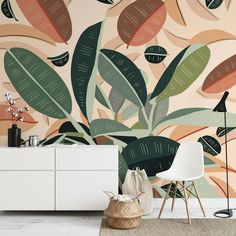 a living room with a plant wall mural