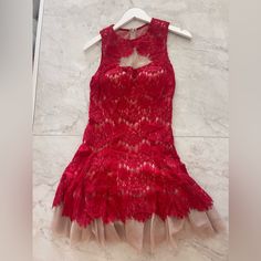 Flattering Red Tulle Lace Dress Elegant Red Sheer Dress, Red Sheer Dresses For Spring, Red Fitted Lace Prom Dress, Flirty Red Dress For Gala, Red Ruffled Mini Dress For Wedding, Red A-line Lace Dress, Red Lace A-line Dress, Red Sleeveless Mini Dress For Wedding, Red Sleeveless Mini Dress For Gala