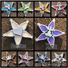 six different colored stars with the names of them in their respective colors and shapes, all on