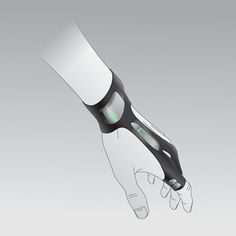 a futuristic hand holding something in it's right hand with green light on the thumb