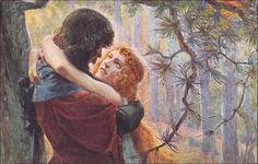 a painting of two people hugging in the woods