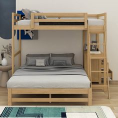 there is a bunk bed with two sets of stairs on the bottom and one set up above it