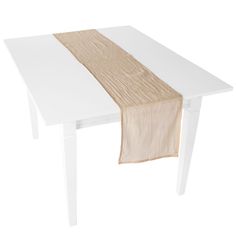 a white table with a brown stripe on the edge and a beige napkin hanging from it