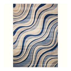 an area rug with wavy blue and beige designs on the front, along with a white background