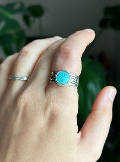 These thick-banded rings are everything! Egyptian Turquoise is a rare turquoise still mined from the original, ancient mines of the Sinai Peninsula. I have only a handful of these stones to work with! Set on a wide, chain link band. Size 6.5. Untreated Southwestern Style Ring Jewelry, Artisan Turquoise Ring Jewelry, Turquoise Spiritual Jewelry For Anniversary, Spiritual Turquoise Jewelry For Anniversary, Turquoise Open Ring With Large Stone, Turquoise Cabochon Ring Jewelry, Turquoise Natural Stone Ring, Southwestern Turquoise Open Ring, Bohemian Wide Band Jewelry Stamped 925