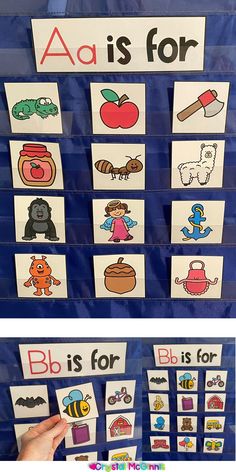 a blue bulletin board with pictures of different objects on it and the words abc is for