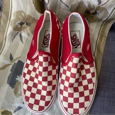 Canvas Upper With Iconic Vans Checkerboard Print , Padded Collar , Elastic Side Accent And Signature Rubber Waffle Outsole. Size:6 Women’s Conditions: Nwt Red Slip On Shoes, Vans Shoes Women, Vans Classic Slip, Vans Checkerboard, Vans Red, Shoes Vans, Vans Classic Slip On, Vans Classic, Womens Vans