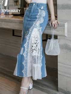 Fashion Long Denim And Lace Fish Tail Skirt For Women Mermaid Style High Waist | eBay Återvinna Jeans, Denim Shorts Outfit, Denim On Denim, Denim Ideas, Mode Jeans, Couture Mode, Frayed Jeans, Outfit Jeans, Jeans Diy