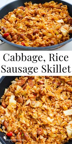 cabbage, rice and sausage skillet in a pan with the words cabbage, rice and sausage skillet