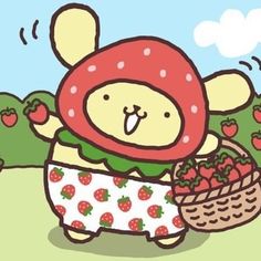 a cartoon bear holding a basket of strawberries