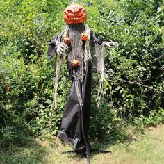 a scarecrow with pumpkins on his head standing in the grass next to bushes