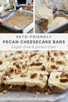 keto - friendly pecan cheesecake bars that are gluten free and ready to eat