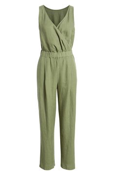 Get to the fun faster in a one-and-done jumpsuit cut from lightweight linen and perfected with a pair of pockets. 57 1/2" length; 30" inseam; 16" leg opening (size Medium) Hidden side-zip closure Surplice V-neck Sleeveless Side-seam pockets 100% linen Machine wash, line dry Made in Portugal Casual Linen Jumpsuits And Rompers For Work, Casual Sleeveless Linen Jumpsuits And Rompers, Casual Sleeveless Linen Jumpsuit, Spring Green Linen Jumpsuits And Rompers, Green Linen Jumpsuits And Rompers For Spring, Green Linen Casual Jumpsuits And Rompers, Casual Green Linen Jumpsuits And Rompers, Sleeveless Linen Overalls, Sleeveless Linen Overalls With Pockets