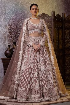 Blush net lehenga with an attached cancan and dori, sequins and beaded embroidery. Comes with a padded blouse and a dupatta. - Aza Fashions Blouse Lehenga, Padded Blouse, Net Lehenga, Bridal Lehengas, Set Women, V Neck Blouse, Embroidered Blouse, Aza Fashion, Beaded Embroidery