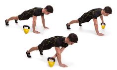 a man doing push ups with yellow kettles