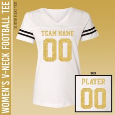 This is a football style tee for women. 100% combed ringspun cotton It's a women's relaxed fit. The fit of this jersey isn't as small a women's junior fit shirt. Please refer to the measurements for help choosing the correct size. Jersey Color: White Text Color: Gold Glitter Flake WANT A DIFFERENT COLOR OF GLITTER? Please send a message before ordering with your request.  Other colors are available. Ordering Information Please include the following in the personalization section: Send a message with the information if you are placing a large order. FRONT - TEAM NAME / NUMBER BACK - PLAYER NAME / NUMBER SMALL Width: 18 / Length: 25 MEDIUM Width: 19 / Length: 26 LARGE Width: 21 / Length: 27 XL Width: 23 / Length: 28 2XL Width: 25 / Length: 29 3XL Available by special order 4XL Available by s Football Tee, Glitter Flake, Pink Out, Custom Football, Football Tees, Bachelorette Party Shirts, Powder Puff, Tees For Women, Team Names