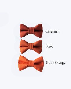 Cinnamon, Spice or Burnt Orange Bow Tie for newborn up to adult sizes. ∙ ∙ ∙ ∙ ∙ ∙ ∙ ∙ ∙ ∙ ∙ ∙ ∙ ∙ ∙ ∙ ∙ ∙ ∙ ∙ ∙ ∙ ∙ ∙ ∙ ∙ ∙ ∙ ∙ ∙ ∙ ∙ ∙ ∙ ∙  ∙ B O W T I E ∙ - Soft cotton fabric bow tie comes with two options: clip-on or elastic strap - Both options are comfortable and easy to wear for kids and adults ∙ A B O U T ∙ Mr Dapper Boutique is made of a team of dedicated and crafty people with a passion to create. We are thankful for Etsy and our loyal customers for allowing us to be part of their spe Orange Bow Tie Wedding, Rustic Wedding Outfit, Fall Ring, Burnt Orange Weddings, Ring Boy, Suspenders Wedding, Wedding Reception Design, Terracotta Wedding, Groomsmen Ties