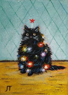 a painting of a black cat with christmas lights on it's fur sitting in front of a blue wall