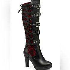 Women Lace Goth Knee High Boots Buckle Block Heel Lace Up Knee Length Boots Punk Platform Tall Boot Product Details About This Item Sole Material Rubber Shaft Height 36 Centimeters Shaft Circumference 14.96 Inches Platform Height 0.59" About This Item Upper Material: Synthetic And Rubber Sole.Heel Height: 9cm, 3.54" Block Heel Boots.Tube Circumference: 36cm, 14.17", Tube Height: 38cm, 14.96", High-Quality Synthetic With A Soft And Delicate Touch. Shoes Features: Closed Toe Goth Knee High Boots, Knee High Boots Winter, Goth Boots, Gothic Shoes, Knee Length Boots, Lace Up High Heels, Boots Square Toe, Buckles Fashion, Chunky High Heels, Spike Heels