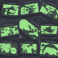 an array of televisions with green screen images on them, all showing the same person's face